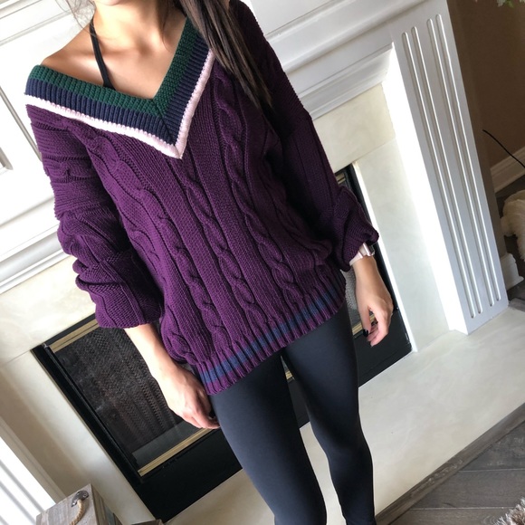 90s VTG purple cable knit cotton v neck sweater - Picture 3 of 5